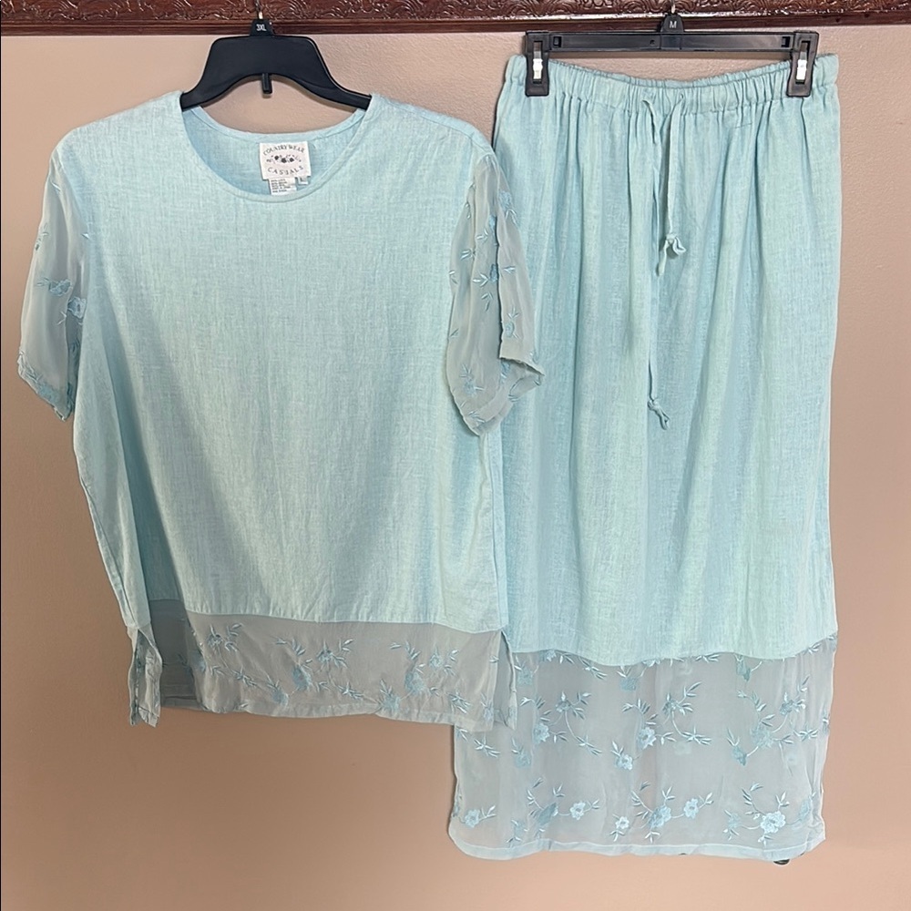 Country Wear casual VINTAGE 2 piece skirt set linen silk aqua blue Large